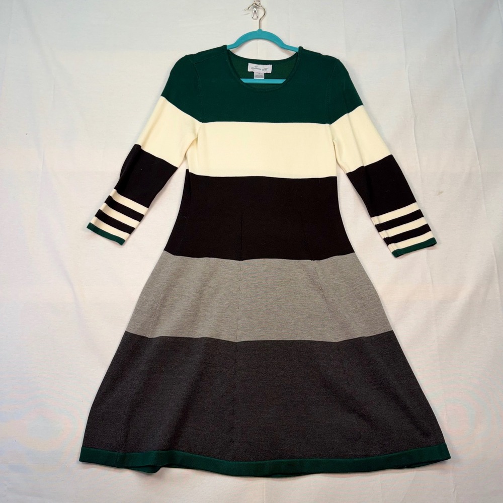 Jessica H Colorblock Sweater Dress Green Cream Black Grey A-Line Knit S JH9-0394